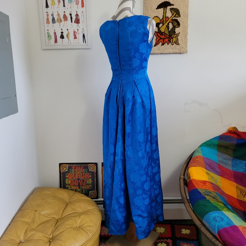 Vintage Blue Floral Satin Formal Dress - Picture 4 of 6